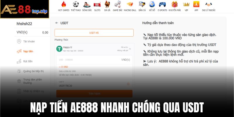 Nạp tiền AE888 nhanh chóng qua kênh USDT hiện đại